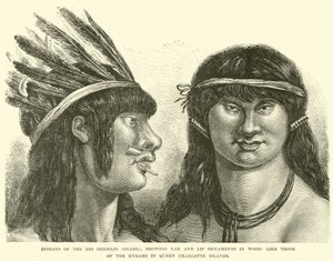 Indiani del Rio Oermejo (Brasile), che mostrano ornamenti per orecchie e labbra in legno, simili a quelli degli Hydah nelle isole Queen Charlotte da English School