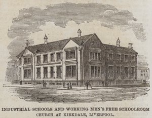 Scuole industriali e sala scolastica gratuita per lavoratori a Kirkdale, Liverpool (incisione)