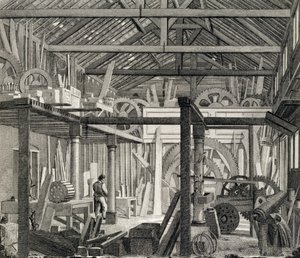 Vista interna della Casa di Riunione di John Bunyan in Zoar Street, Gravel Lane, Southwark, usata come officina e segheria, c.1822