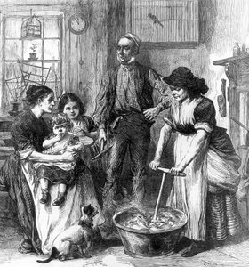 Interno di una casa di minatore (incisione) da English School