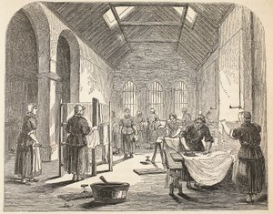 Stireria alla prigione di Brixton, illustrazione da The Criminal Prisons of London and Scenes from Prison Life di Henry Mayhew e John Binny, pub. 1862 da English School