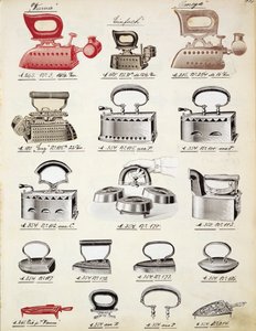 Ferri da stiro, da un catalogo commerciale di beni domestici e accessori, c.1890-1910 da English School