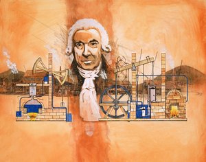 James Watt con forni e pompe meccaniche sullo sfondo da English School