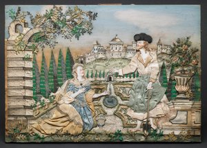 Gesù appare a Maria Maddalena (seta, carta, filato, paillettes, finiture metalliche, inchiostro e acquerello su legno)