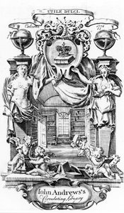 Ex libris della biblioteca circolante di John Andrews di Joseph Shepperd, pubblicato a Calcutta, 1774 da English School