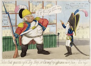 John Bull che Guarda il Negozio di Giocattoli, o Boney che Piange per Altri Giocattoli, pub. da S.W. Fores, 1803 (incisione colorata)