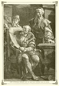 Johann Gutenberg mostra parte del primo libro stampato a Faust da English School