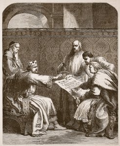 Giovanni che rifiuta di firmare gli articoli dei baroni, illustrazione da Cassells Illustrated History of England da English School
