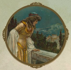 Giulietta sul suo balcone, scena da Romeo e Giulietta di Shakespeare (cromolitografia) da English School