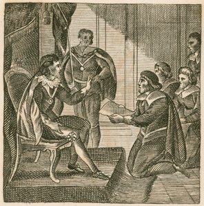 Re Carlo I riceve una petizione dai Comuni per assegnare loro il potere di levare eserciti (incisione) da English School