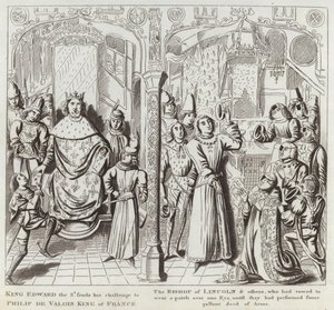Re Edoardo III invia la sua sfida a Filippo di Valois, re di Francia, il vescovo di Lincoln e altri, che avevano giurato di indossare una benda su un occhio fino a quando non avessero compiuto qualche impresa galante da English School