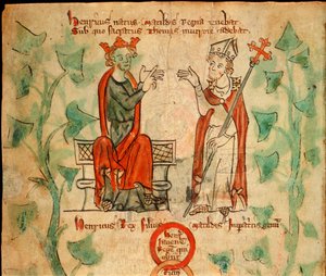 Re Enrico II seduto sul trono, che discute con Thomas Becket, illustrazione da 