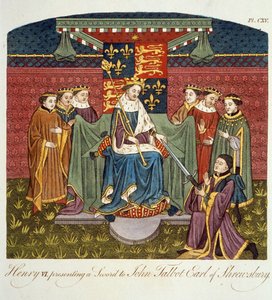 Re Enrico VI che presenta una spada a John Talbot, Conte di Shrewsbury, illustrazione da The Complete View of the Dress and Habits of the People of England Volume II, pubblicato 1799 da English School