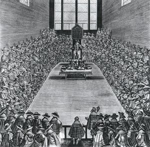 Re Giacomo I (1566-1625) nelle Case del Parlamento, 1624 da English School