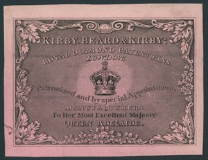 Kirby, Beard and Kirby, Royal Diamond Patent Pins, biglietto da visita da English School