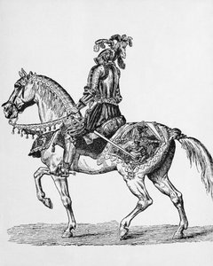 Cavaliere a cavallo in abito di gala del 1400