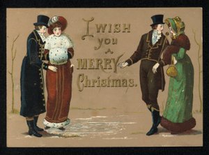 Signore e signori nei loro abiti invernali, cartolina di auguri di Natale da English School