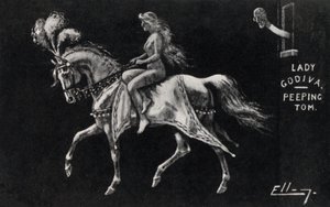 Lady Godiva che cavalca nuda a cavallo per le strade di Coventry, osservata da un Peeping Tom (litografia) da English School