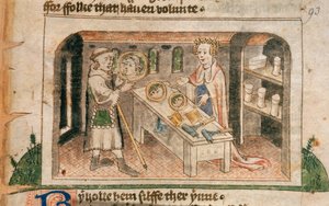 Una pellegrina mostra i suoi unguenti e articoli da toeletta, illustrazione dalla traduzione inglese del 
