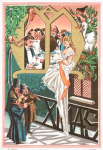 Signora serenata da musicisti, cartolina di Natale