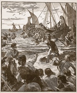Sbarco dei Romani sulla costa del Kent, illustrazione da Cassells Illustrated History of England da English School
