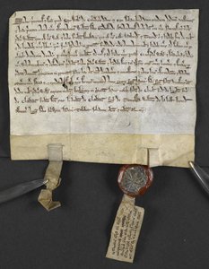 Atto latino con rinuncia ebraica (allegato al sigillo), con cui Jacob ben Aaron cede un terreno a William le Briel. Inghilterra