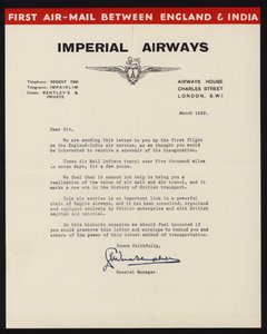 Lancio del primo servizio di posta aerea tra Inghilterra e India da parte di Imperial Airways nel marzo 1929 (litografia) da English School