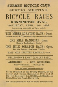 Volantino pubblicitario delle gare di biciclette al Kennington Oval, 17 aprile 1886 da English School