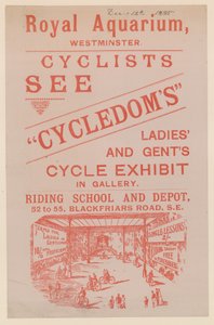 Volantino pubblicitario della mostra di biciclette per signore e signori al Royal Aquarium da English School