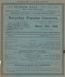 Volantino pubblicitario dei concerti popolari del sabato alla Pilgrim Hall da English School