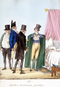 Sanguisughe, Signori, sanguisughe: disegno umoristico inglese su un medico sicuro di sé, con un malato malato da English School