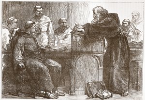 Lefevre che tiene una lezione alla Sorbona, illustrazione da The History of Protestantism di James Aitken Wylie, pub. 1878 da English School