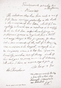 Lettera di Carlo II al cancelliere Lord Clarendon, 7 giugno 1662 da English School