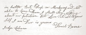 Lettera di Daniel Boone al giudice John Cobren, originale datata 5 ottobre 1809