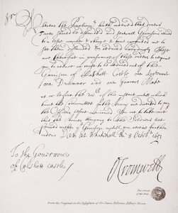 Lettera al governatore del castello di Calshott da Oliver Cromwell, 1651, facsimile dall