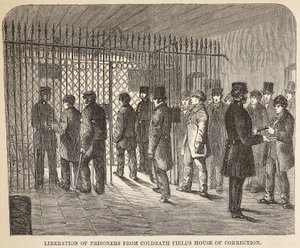Liberazione dei prigionieri dalla Casa di Correzione di Coldbath Fields, illustrazione da Le Prigioni Criminali di Londra e Scene dalla Vita Carceraria di Henry Mayhew e John Binny, pub. 1862
