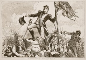 Il tenente Graham che pianta lo stendardo, illustrazione da Cassells Illustrated History of India di James Grant, pub. 1879