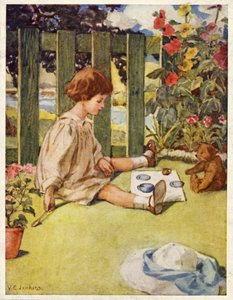 Bambina che gioca a prendere il tè in giardino con il suo orsacchiotto da English School