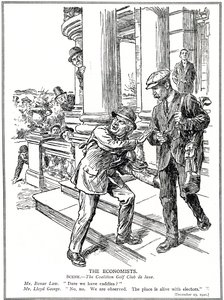 Lloyd George e Bonar Law al Coalition Golf Club, timorosi della Anti-Waste League, devono rinunciare al lusso dei caddie, dicembre 1920 da English School