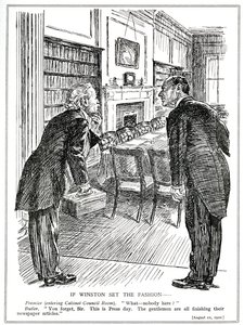 Lloyd George entra in una sala del gabinetto vuota di ministri impegnati a scrivere articoli per i giornali, agosto 1920 da English School