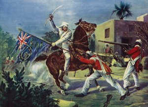 Lord Roberts che combatte due sepoy per lo stendardo britannico a Khudaganj, per il quale fu insignito della Victoria Cross durante la Rivolta Indiana da English School