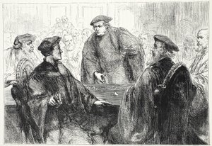 Lutero e Zwingli che discutono a Marburgo, illustrazione da La storia del protestantesimo di James Aitken Wylie, pub. 1878