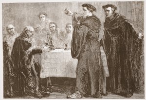 Lutero che sfida Carlstadt a scrivere contro di lui, illustrazione da La storia del protestantesimo di James Aitken Wylie, pub. 1878 da English School