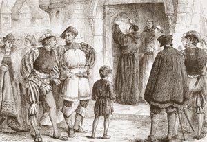 Lutero inchioda le sue tesi alla porta della Schloss-Kirk a Wittemberg, illustrazione da La storia del protestantesimo di James Aitken Wylie (1808-1890), pub. 1878 da English School