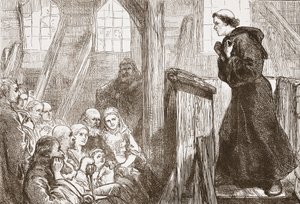 Lutero predica nella vecchia chiesa di legno a Wittemberg, illustrazione da La storia del protestantesimo di James Aitken Wylie (1808-1890), pub. 1878 da English School