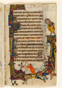 MS 1-2005, fol. 133r: Un arciere e San Giovanni Battista, decorazione marginale dal Salterio di Macclesfield, Uso di Sarum, East Anglia, c.1330 da English School