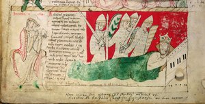 MS CCC 157 p.382 Le visioni sognate dal re Enrico I in Normandia nel 1130, inserite verso il 1140 da Giovanni di Worcester nella cronaca iniziata da Firenze di Worcester (morto nel 1118) verso il 1130-40 (pergamena) (particolare di 95503)