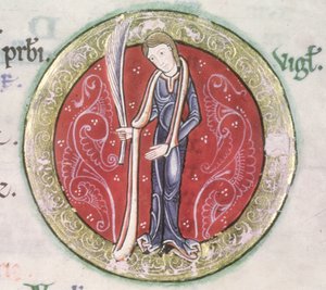 MS Hunter 229 f.4v Virgo, dal Salterio Hunteriano, c.1170 (penna e inchiostro e tempera su pergamena) (dettaglio)