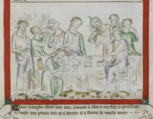 MS Royal 2 BVII, f.43 Incontro di Sansone e Dalila a una festa filistea (dettaglio) da English School