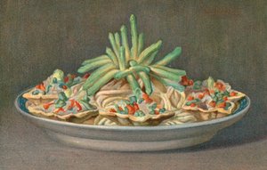 Macedoine in astuccio con asparagi (litografia a colori)